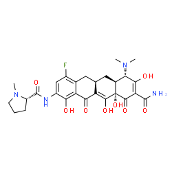 ChemSpider 2D Image | N-[(5aR,6aS,7S,10aS)-9-Carbamoyl-7-(dimethylamino)-4-fluoro-1,8,10a,11-tetrahydroxy-10,12-dioxo-5,5a,6,6a,7,10,10a,12-octahydro-2-tetracenyl]-1-methyl-L-prolinamide | C27H31FN4O8