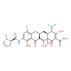 ChemSpider 2D Image | N-[(5aR,6aS,7S,10aS)-9-Carbamoyl-7-(dimethylamino)-4-fluoro-1,8,10a,11-tetrahydroxy-10,12-dioxo-5,5a,6,6a,7,10,10a,12-octahydro-2-tetracenyl]-1-methyl-D-prolinamide | C27H31FN4O8
