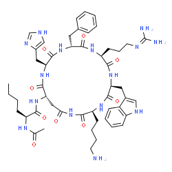 ChemSpider 2D Image | N~2~-Acetyl-N-[(3S,6S,9S,12R,15S,18S)-3-(4-aminobutyl)-12-benzyl-9-(3-carbamimidamidopropyl)-15-(1H-imidazol-4-ylmethyl)-6-(1H-indol-3-ylmethyl)-2,5,8,11,14,17,20-heptaoxo-1,4,7,10,13,16-hexaazacycloi
cosan-18-yl]-L-norleucinamide | C50H69N15O9