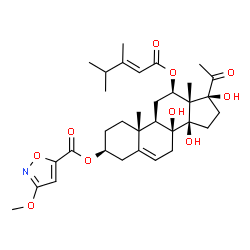 ChemSpider 2D Image | (3beta,12beta,14beta,17alpha)-12-{[(2E)-3,4-Dimethyl-2-pentenoyl]oxy}-8,14,17-trihydroxy-20-oxopregn-5-en-3-yl 3-methoxy-1,2-oxazole-5-carboxylate | C33H45NO10