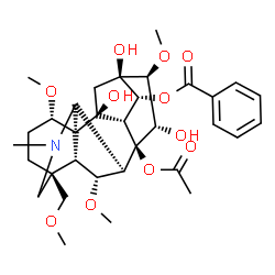 ChemSpider 2D Image | (1alpha,6alpha,14alpha,15alpha,16beta)-8-Acetoxy-10,13,15-trihydroxy-1,6,16-trimethoxy-4-(methoxymethyl)-20-methylaconitan-14-yl benzoate | C33H45NO11