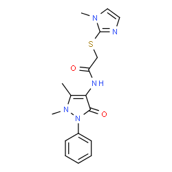 ChemSpider 2D Image | N-(1,5-Dimethyl-3-oxo-2-phenyl-2,3-dihydro-1H-pyrazol-4-yl)-2-[(1-methyl-1H-imidazol-2-yl)sulfanyl]acetamide | C17H19N5O2S