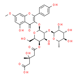 ChemSpider 2D Image | 5-Hydroxy-2-(4-hydroxyphenyl)-7-methoxy-4-oxo-4H-chromen-3-yl 4-O-[(3S)-4-carboxy-3-hydroxy-3-methylbutanoyl]-2-O-(6-deoxy-alpha-L-mannopyranosyl)-beta-D-galactopyranoside | C34H40O19