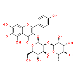 ChemSpider 2D Image | 5,7-Dihydroxy-2-(4-hydroxyphenyl)-6-methoxy-4-oxo-4H-chromen-3-yl 2-O-(6-deoxy-alpha-L-mannopyranosyl)-beta-D-glucopyranoside | C28H32O16