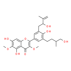 ChemSpider 2D Image | 5,7-Dihydroxy-2-[4-hydroxy-3-(2-hydroxy-3-methyl-3-buten-1-yl)-5-(4-hydroxy-3-methylbutyl)phenyl]-3,6-dimethoxy-4H-chromen-4-one | C27H32O9