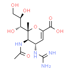 ChemSpider 2D Image | (6R)-5-Acetamido-2,6-anhydro-4-carbamimidamido-3,4,5-trideoxy-6-methyl-6-[(1R,2R)-1,2,3-trihydroxypropyl]-L-threo-hex-2-enonic acid | C13H22N4O7