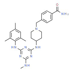 ChemSpider 2D Image | 4-[(4-{[4-(Mesitylamino)-6-(methylamino)-1,3,5-triazin-2-yl]amino}-1-piperidinyl)methyl]benzamide | C26H34N8O
