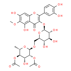 ChemSpider 2D Image | 2-(3,4-Dihydroxyphenyl)-5,7-dihydroxy-6-methoxy-4-oxo-4H-chromen-3-yl 6-O-(2,4-di-O-acetyl-6-deoxy-alpha-L-mannopyranosyl)-beta-D-glucopyranoside | C32H36O19