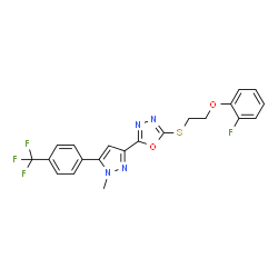 ChemSpider 2D Image | 2-{[2-(2-Fluorophenoxy)ethyl]sulfanyl}-5-{1-methyl-5-[4-(trifluoromethyl)phenyl]-1H-pyrazol-3-yl}-1,3,4-oxadiazole | C21H16F4N4O2S