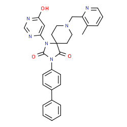 ChemSpider 2D Image | 3-(4-Biphenylyl)-8-[(3-methyl-2-pyridinyl)methyl]-1-(6-oxo-1,6-dihydro-4-pyrimidinyl)-1,3,8-triazaspiro[4.5]decane-2,4-dione | C30H28N6O3
