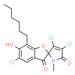 ChemSpider 2D Image | 3',4',5-Trichloro-7-hexyl-6-hydroxy-1'-methyl-3H-spiro[1-benzofuran-2,2'-pyrrole]-3,5'(1'H)-dione | C18H18Cl3NO4