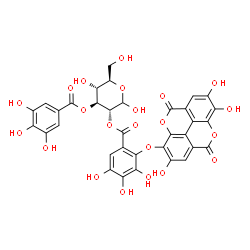 ChemSpider 2D Image | 3-O-(3,4,5-Trihydroxybenzoyl)-2-O-{3,4,5-trihydroxy-2-[(2,7,8-trihydroxy-5,10-dioxo-5,10-dihydrochromeno[5,4,3-cde]chromen-3-yl)oxy]benzoyl}-D-glucopyranose | C34H24O22