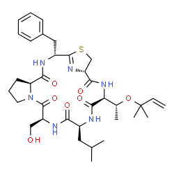 ChemSpider 2D Image | (2R,5S,11S,14S,17S,20S)-2-Benzyl-11-(hydroxymethyl)-14-isobutyl-17-{(1R)-1-[(2-methyl-3-buten-2-yl)oxy]ethyl}-22-thia-3,9,12,15,18,23-hexaazatricyclo[18.2.1.0~5,9~]tricos-1(23)-ene-4,10,13,16,19-pento
ne | C35H50N6O7S