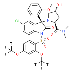 ChemSpider 2D Image | (4R)-1-[(3R)-1-({2,4-Bis[(~3~H_3_)methyloxy]phenyl}sulfonyl)-5-chloro-3-(2-methoxyphenyl)-2-oxo-2,3-dihydro-1H-indol-3-yl]-4-hydroxy-N,N-dimethyl-L-prolinamide | C30H26T6ClN3O8S
