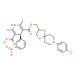 ChemSpider 2D Image | [8-(4-Chlorophenyl)-1,4-dioxa-8-azaspiro[4.5]dec-2-yl]methyl methyl (4S)-2,6-dimethyl-4-(3-nitrophenyl)-1,4-dihydro-3,5-pyridinedicarboxylate | C30H32ClN3O8