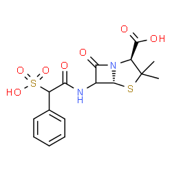 ChemSpider 2D Image | (2S,5R)-3,3-Dimethyl-7-oxo-6-{[phenyl(sulfo)acetyl]amino}-4-thia-1-azabicyclo[3.2.0]heptane-2-carboxylic acid | C16H18N2O7S2