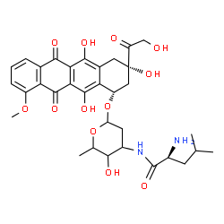 ChemSpider 2D Image | (1S,3S)-3-Glycoloyl-3,5,12-trihydroxy-10-methoxy-6,11-dioxo-1,2,3,4,6,11-hexahydro-1-tetracenyl 2,3,6-trideoxy-3-(L-leucylamino)hexopyranoside | C33H40N2O12