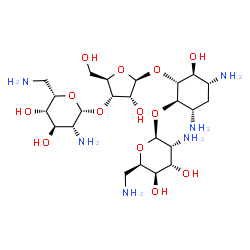 ChemSpider 2D Image | (1R,2R,3S,4R,6S)-4,6-Diamino-2-{[3-O-(2,6-diamino-2,6-dideoxy-beta-L-idopyranosyl)-beta-D-ribofuranosyl]oxy}-3-hydroxycyclohexyl 2,6-diamino-2,6-dideoxy-beta-D-gulopyranoside | C23H46N6O13