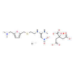 ChemSpider 2D Image | Bismuth(3+) 2-hydroxy-1,2,3-propanetricarboxylate N-{2-[({5-[(dimethylamino)methyl]-2-furyl}methyl)sulfanyl]ethyl}-N'-methyl-2-nitro-1,1-ethenediamine (1:1:1) | C19H27BiN4O10S
