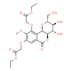 ChemSpider 2D Image | Diethyl 2,2'-{[(2R,3S,4S,4aR,10bS)-3,4-dihydroxy-2-(hydroxymethyl)-9-methoxy-6-oxo-2,3,4,4a,6,10b-hexahydropyrano[3,2-c]isochromene-8,10-diyl]bis(oxy)}diacetate | C22H28O13