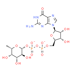 ChemSpider 2D Image | [[(2R,3S,4R,5R)-5-(2-amino-6-oxo-1H-purin-9-yl)-3,4-dihydroxy-tetrahydrofuran-2-yl]methoxy-oxido-phosphoryl] [(2R,3S,4R,5S,6S)-3,4,5-trihydroxy-6-methyl-tetrahydropyran-2-yl] phosphate | C16H23N5O15P2