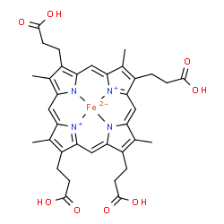 ChemSpider 2D Image | [3,3',3'',3'''-(3,8,13,17-Tetramethyl-2,7,12,18-porphyrintetrayl-kappa~4~N~21~,N~22~,N~23~,N~24~)tetrapropanoato(2-)]iron | C36H36FeN4O8