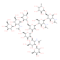 ChemSpider 2D Image | 6-Deoxy-alpha-L-galactopyranosyl-(1->6)-[beta-D-galactopyranosyl-(1->3)-2-acetamido-2-deoxy-beta-D-glucopyranosyl-(1->2)-alpha-D-mannopyranosyl-(1->3)-[beta-D-galactopyranosyl-(1->3)-2-acetamido-2-deo
xy-beta-D-glucopyranosyl-(1->2)-alpha-D-mannopyranosyl-(1->6)]-beta-D-mannopyranosyl-(1->4)-2-acetamido-2-deoxy-beta-D-glucopyranosyl-(1->4)]-2-acetamido-2-deoxy-beta-D-glucopyranose | C68H114N4O50