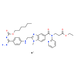 ChemSpider 2D Image | beta-Alanine, N-[[2-[[[4-[[[(hexyloxy)carbonyl]amino]iminomethyl]phenyl]amino]methyl]-1-methyl-1H-benzimidazol-5-yl]carbonyl]-N-2-pyridinyl-, ethyl ester, hydrogen salt | C34H42N7O5