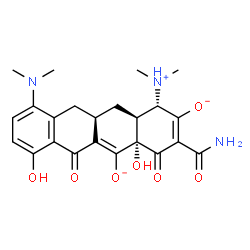ChemSpider 2D Image | (1S,4aS,11aR,12aS)-3-Carbamoyl-10-(dimethylamino)-1-(dimethylammonio)-4a,7-dihydroxy-4,6-dioxo-1,4,4a,6,11,11a,12,12a-octahydro-2,5-tetracenediolate | C23H26N3O7