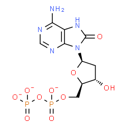ChemSpider 2D Image | 2'-Deoxy-8-oxo-5'-O-[(phosphonatooxy)phosphinato]-8-hydroadenosine | C10H12N5O10P2