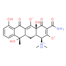 ChemSpider 2D Image | (1S,4aS,11S,11aS,12aS)-3-Carbamoyl-1-(dimethylammonio)-4a,7,11-trihydroxy-11-methyl-4,6-dioxo-1,4,4a,6,11,11a,12,12a-octahydro-2,5-tetracenediolate | C22H23N2O8