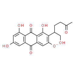 ChemSpider 2D Image | 4,5,7-Trihydroxy-3-(1-hydroxy-5-oxo-2-hexanyl)-9,10-dioxo-9,10-dihydro-2-anthracenolate | C20H17O8