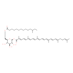 ChemSpider 2D Image | 1-O-[(2E,4E,6E,8E,10E,12E,14E,16E,18E)-2,6,10,15,19,23-Hexamethyl-2,4,6,8,10,12,14,16,18,22-tetracosadecaenoyl]-6-O-(12-methyltetradecanoyl)-beta-D-glucopyranose | C51H78O8