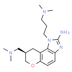 ChemSpider 2D Image | (R)-8-[(dimethylamino)methyl]-1-[3-(dimethylamino)propyl]-1,7,8,9-tetrahydrochromeno[5,6-d]imidazol-2-amine | C18H29N5O