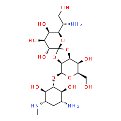 ChemSpider 2D Image | (2S,3'R,3aS,4S,4'S,5'R,6R,6'R,7S,7aS)-4-{[(1R,2S,3R,5S,6R)-3-Amino-2,6-dihydroxy-5-(methylamino)cyclohexyl]oxy}-6'-[(1S)-1-amino-2-hydroxyethyl]-6-(hydroxymethyl)octahydro-4H-spiro[1,3-dioxolo[4,5-c]p
yran-2,2'-pyran]-3',4',5',7-tetrol | C20H37N3O13