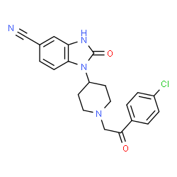 ChemSpider 2D Image | 1-{1-[2-(4-Chlorophenyl)-2-oxoethyl]-4-piperidinyl}-2-oxo-2,3-dihydro-1H-benzimidazole-5-carbonitrile | C21H19ClN4O2