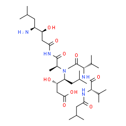ChemSpider 2D Image | N-(3-Methylbutanoyl)-L-valyl-L-valyl-N-[(3S,4S)-4-amino-3-hydroxy-6-methylheptanoyl]-N~2~-[(2S,3S)-1-carboxy-2-hydroxy-5-methyl-3-hexanyl]-L-alaninamide | C34H63N5O9