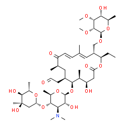 ChemSpider 2D Image | [(2R,3R,4E,6E,9R,11R,12S,13S,14R)-12-{[3,6-Dideoxy-4-O-(2,6-dideoxy-3-C-methyl-beta-L-ribo-hexopyranosyl)-3-(dimethylamino)-beta-D-glucopyranosyl]oxy}-2-ethyl-14-hydroxy-5,9,13-trimethyl-8,16-dioxo-11
-(2-oxoethyl)oxacyclohexadeca-4,6-dien-3-yl]methyl 6-deoxy-2,3-di-O-methyl-beta-D-allopyranoside | C46H77NO17