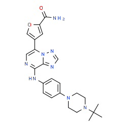 ChemSpider 2D Image | 4-(8-((4-(4-(tert-Butyl)piperazin-1-yl)phenyl)amino)-[1,2,4]triazolo[1,5-a]pyrazin-5-yl)furan-2-carboxamide | C24H28N8O2