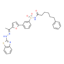 ChemSpider 2D Image | N-(3-(5-(1-(2-(Benzo[d]thiazol-2-yl)hydrazono)ethyl)furan-2-yl)phenylsulfonyl)-6-phenylhexanamide | C31H30N4O4S2