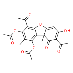 ChemSpider 2D Image | 4,8-Diacetyl-7-hydroxy-2,9a-dimethyl-9-oxo-9,9a-dihydrodibenzo[b,d]furan-1,3-diyl diacetate | C22H20O9