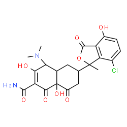 ChemSpider 2D Image | 6-(7-Chloro-4-hydroxy-1-methyl-3-oxo-1,3-dihydro-2-benzofuran-1-yl)-4-(dimethylamino)-3,8a-dihydroxy-1,8-dioxo-1,4,4a,5,6,7,8,8a-octahydro-2-naphthalenecarboxamide | C22H23ClN2O8