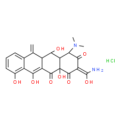 ChemSpider 2D Image | (2Z)-2-[Amino(hydroxy)methylene]-4-(dimethylamino)-5,10,11,12a-tetrahydroxy-6-methylene-4a,5a,6,12a-tetrahydro-1,3,12(2H,4H,5H)-tetracenetrione hydrochloride (1:1) | C22H23ClN2O8