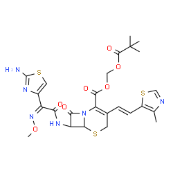 ChemSpider 2D Image | [(2,2-Dimethylpropanoyl)oxy]methyl 7-{[(2Z)-2-(2-amino-1,3-thiazol-4-yl)-2-(methoxyimino)acetyl]amino}-3-[(E)-2-(4-methyl-1,3-thiazol-5-yl)vinyl]-8-oxo-5-thia-1-azabicyclo[4.2.0]oct-2-ene-2-carboxylat
e | C25H28N6O7S3