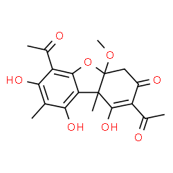 ChemSpider 2D Image | 2,6-Diacetyl-1,7,9-trihydroxy-4a-methoxy-8,9b-dimethyl-4a,9b-dihydrodibenzo[b,d]furan-3(4H)-one | C19H20O8