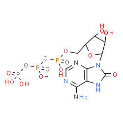 ChemSpider 2D Image | 6-Amino-9-[5-O-(hydroxy{[hydroxy(phosphonooxy)phosphoryl]oxy}phosphoryl)pentofuranosyl]-7,9-dihydro-8H-purin-8-one | C10H16N5O14P3