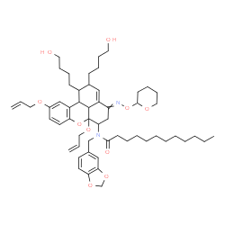 ChemSpider 2D Image | N-(1,3-Benzodioxol-5-ylmethyl)-N-{6a,10-bis(allyloxy)-1,2-bis(4-hydroxybutyl)-4-[(tetrahydro-2H-pyran-2-yloxy)imino]-1,2,4,5,6,6a,11b,11c-octahydrobenzo[kl]xanthen-6-yl}dodecanamide | C55H78N2O10