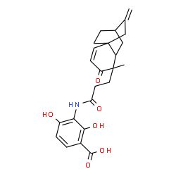 ChemSpider 2D Image | 2,4-Dihydroxy-3-{[3-(5-methyl-9-methylene-4-oxotricyclo[6.2.2.0~1,6~]dodec-2-en-5-yl)propanoyl]amino}benzoic acid | C24H27NO6