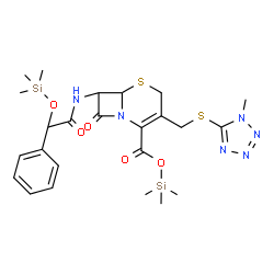 ChemSpider 2D Image | Trimethylsilyl 3-{[(1-methyl-1H-tetrazol-5-yl)sulfanyl]methyl}-8-oxo-7-({phenyl[(trimethylsilyl)oxy]acetyl}amino)-5-thia-1-azabicyclo[4.2.0]oct-2-ene-2-carboxylate | C24H34N6O5S2Si2