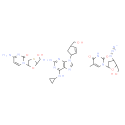 ChemSpider 2D Image | [4-[2-amino-6-(cyclopropylamino)purin-9-yl]cyclopent-2-en-1-yl]methanol; 4-amino-1-[2-(hydroxymethyl)-1,3-oxathiolan-5-yl]pyrimidin-2-one; 1-[4-azido-5-(hydroxymethyl)tetrahydrofuran-2-yl]-5-methyl-pyrimidine-2,4-dione | C32H42N14O8S